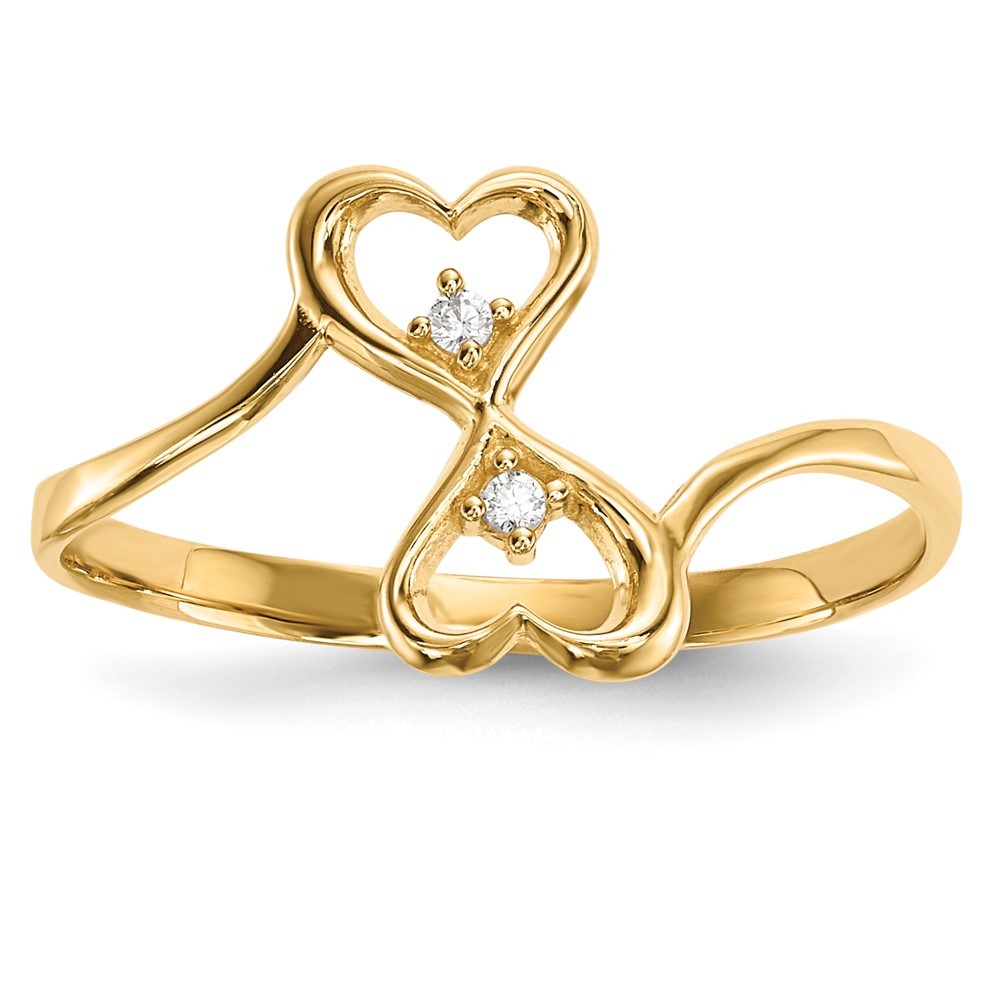 14k Gold Genuine CZ (Cubic Zirconia) Double Heart Ring, Size 7